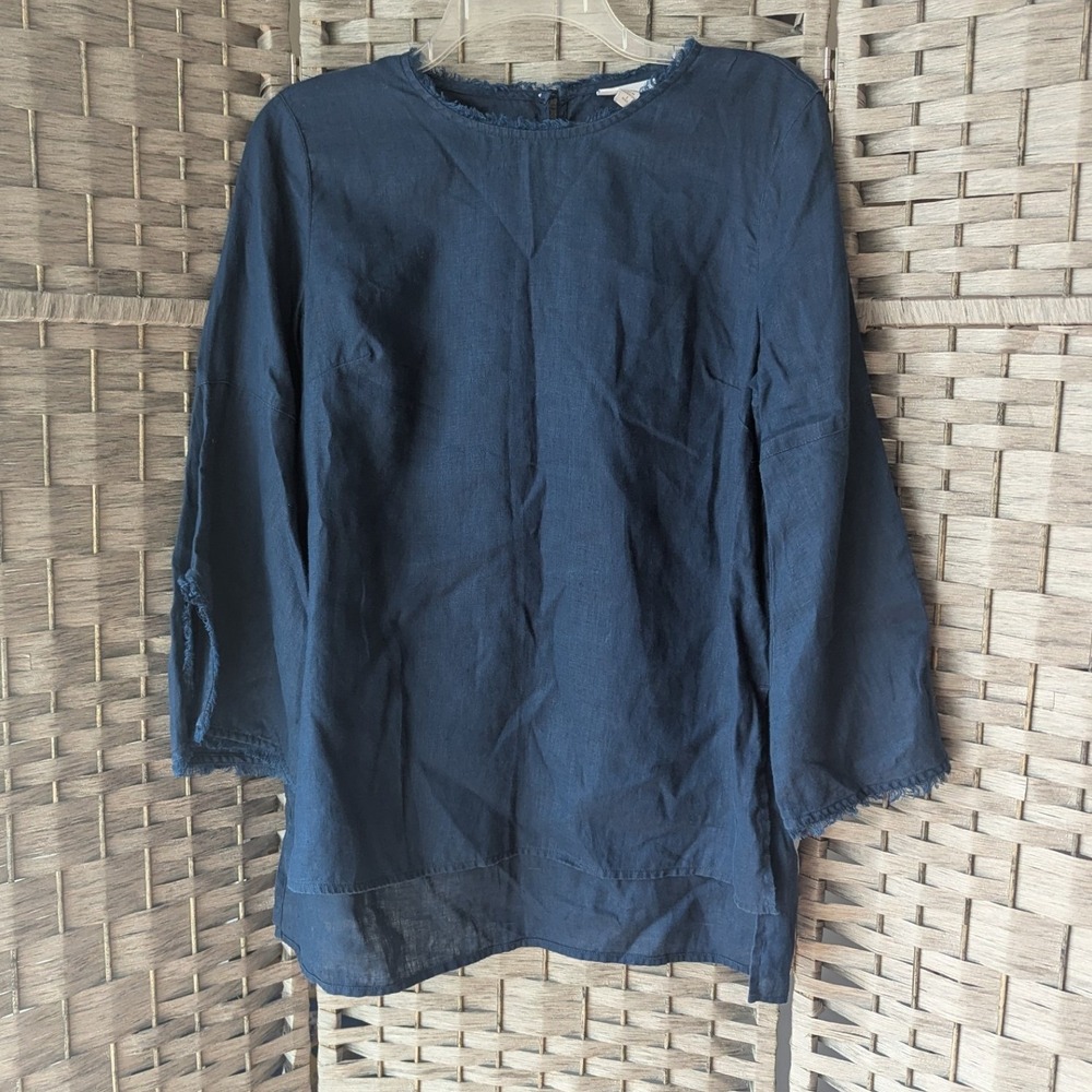 J. Jill Love Linen Tunic Navy Blue Fringe Trim 3/4 Split Sleeve Sz SP Boho Chic‎